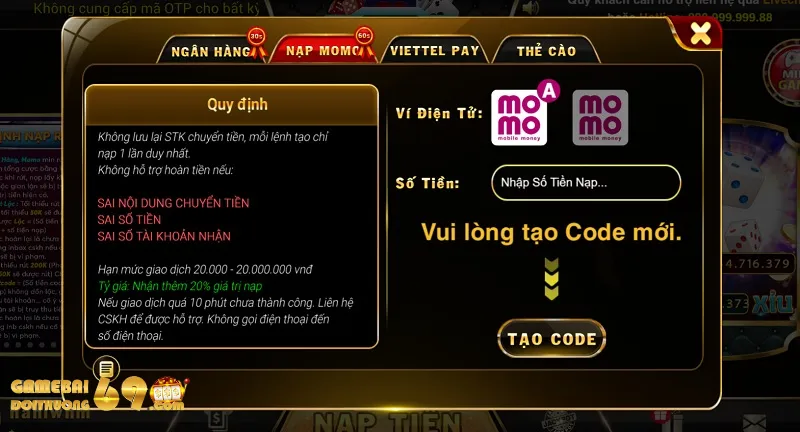 Phương thức nạp tiền qua Momo / Viettel Pay tiện ích 